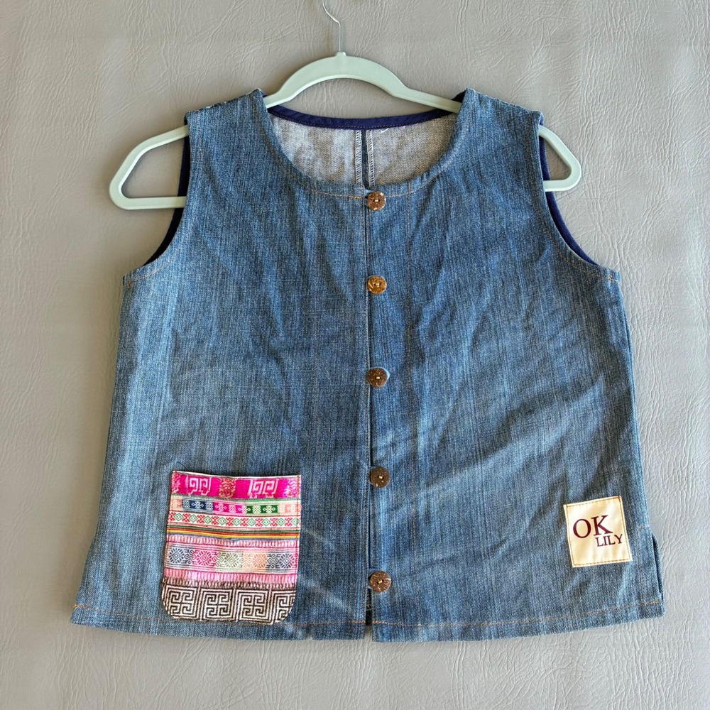 OK Lily Denim Vest Top Blue Embroidered Pocket Wooden Buttons Boho Small